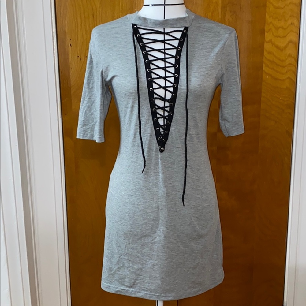 Gray Lace Up Front Dress Small